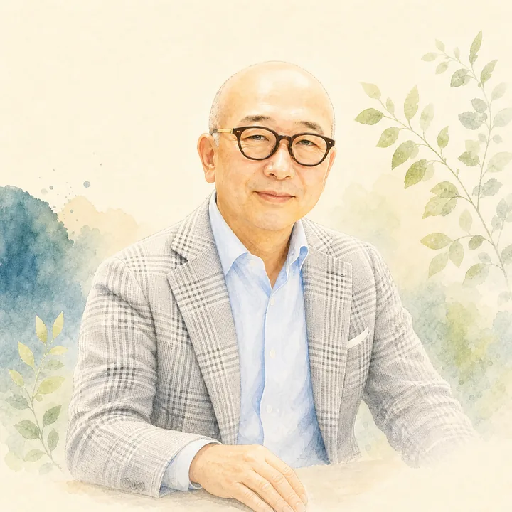 穏やかな表情の木村和弘弁護士を描いたやわらかな水彩イラスト