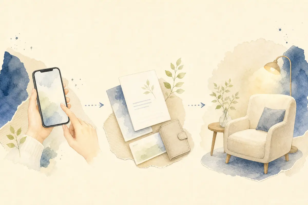 スマートフォンと書類を準備してLINE相談へ進む流れを表したイラスト
